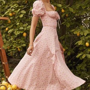 Puff Sleeve Ditsy Floral Tie Front High Slit Midi Dress - Pink - Small